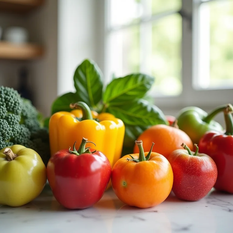 Mesa com frutas e vegetais variados.