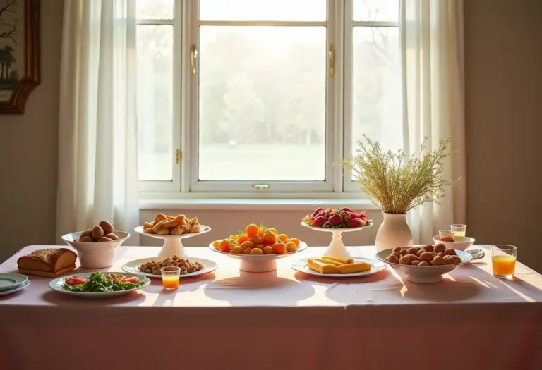 Mesa de buffet decorada com toalhas de mesa elegantes