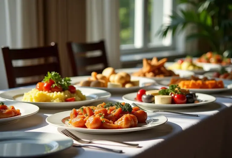 Mesa de buffet elegante com diversos sousplats.