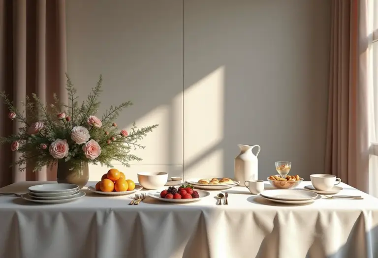 Mesa de buffet elegantemente decorada com toalha de linho