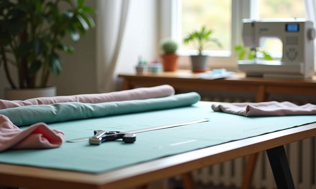 Mesa de corte sempre livre em um ateliê de costura.