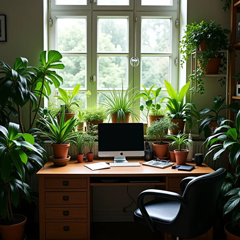 Mesa de escritório sobrecarregada com excesso de plantas