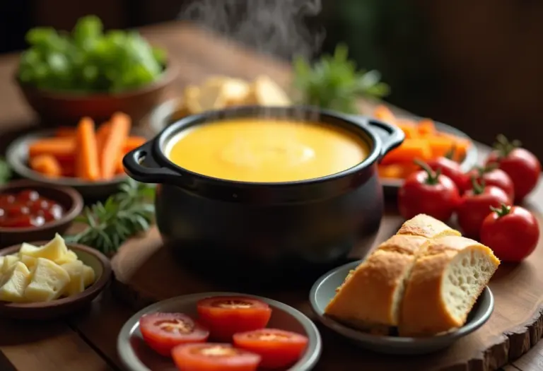 Mesa de fondue com queijo derretido e acompanhamentos.
