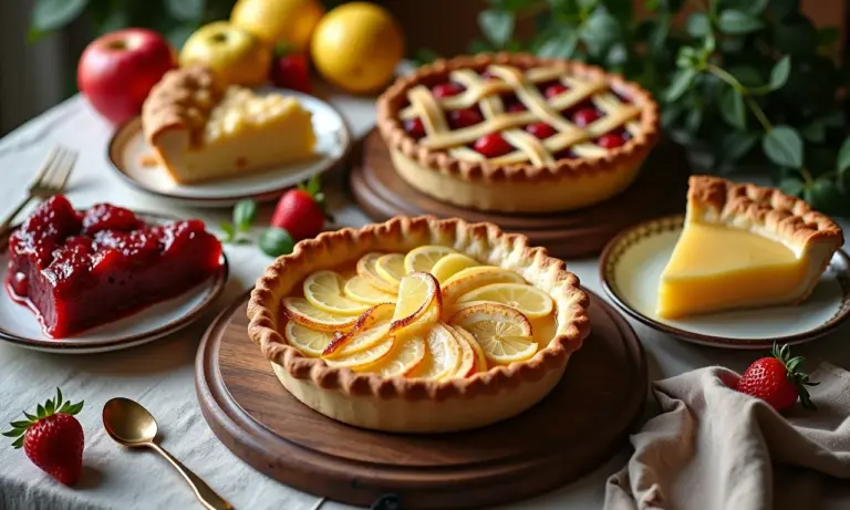 Mesa decorada com tortas caseiras de diversos sabores.