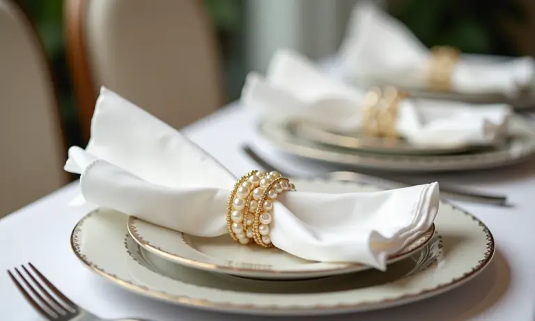 Mesa elegante com porta guardanapos de pérolas.