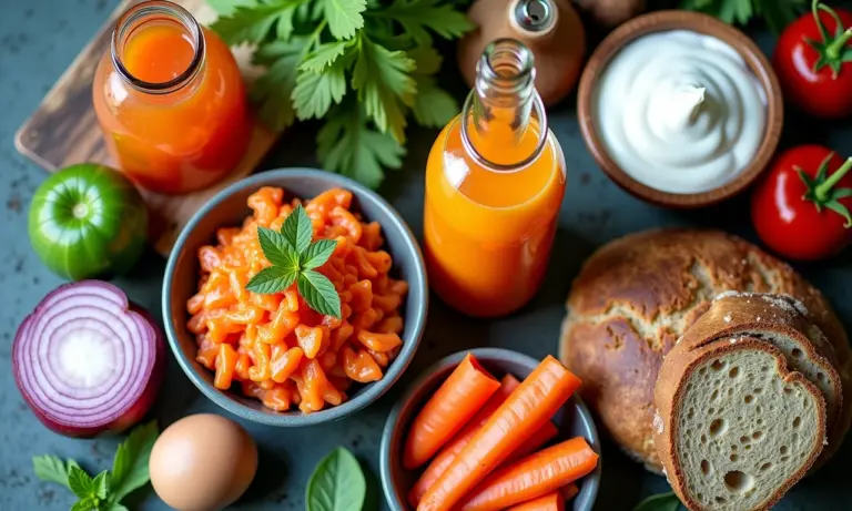 Mesa farta com alimentos fermentados coloridos para a saúde intestinal.