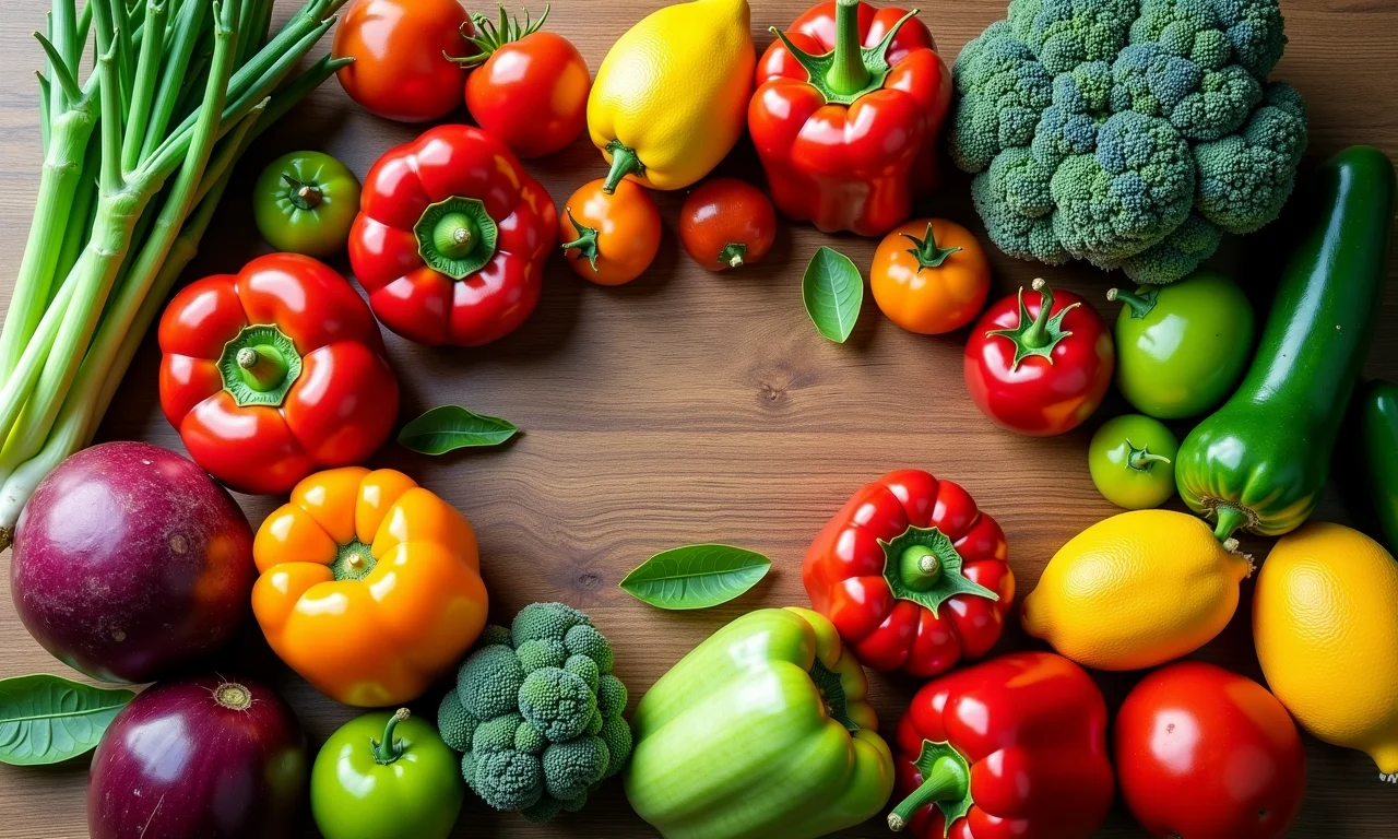 Dengue: o que comer para se recuperar Mesa farta com frutas e vegetais coloridos, representando alimentação saudável para recuperação da dengue.