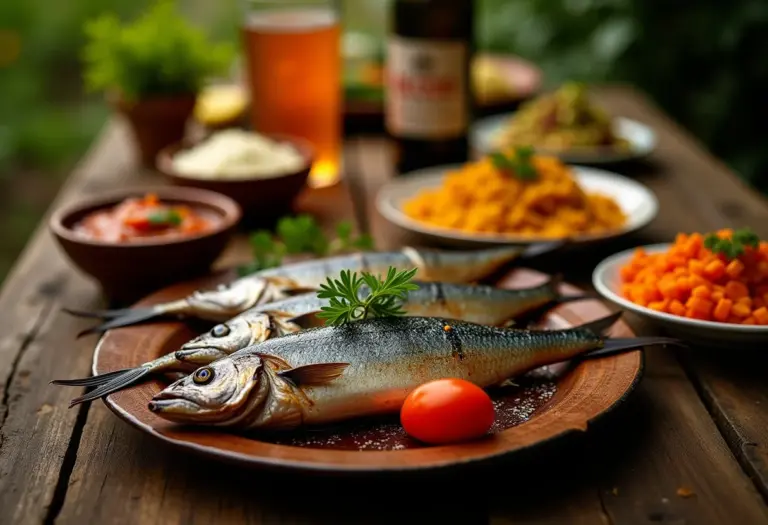 Mesa farta com sardinhas assadas e acompanhamentos diversos