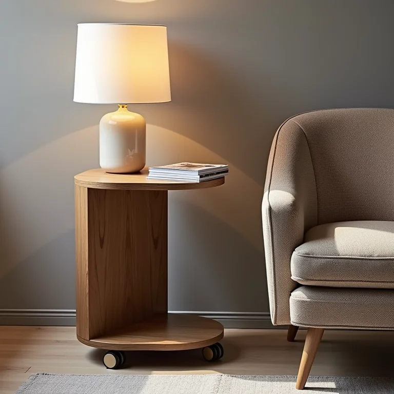 Mesa lateral em C com rodinhas ao lado de poltrona