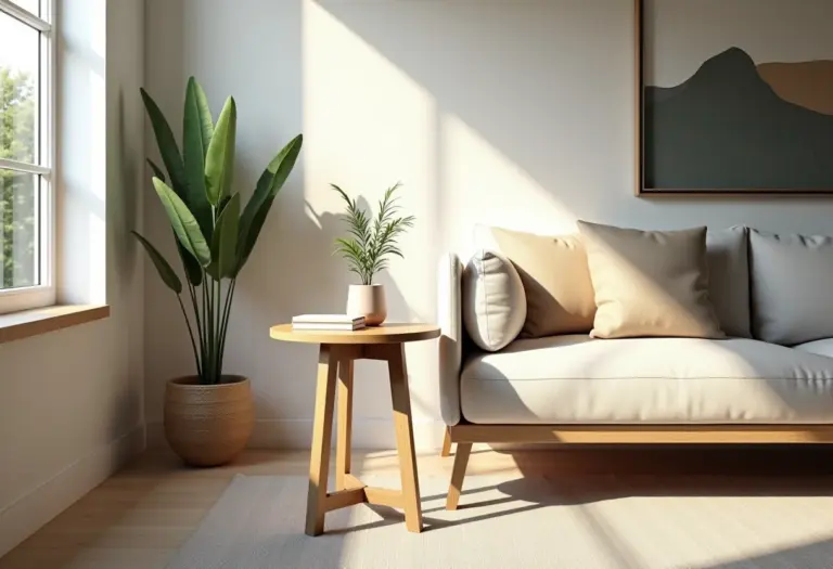 Mesa lateral em C complementando um sofá em sala de estar moderna