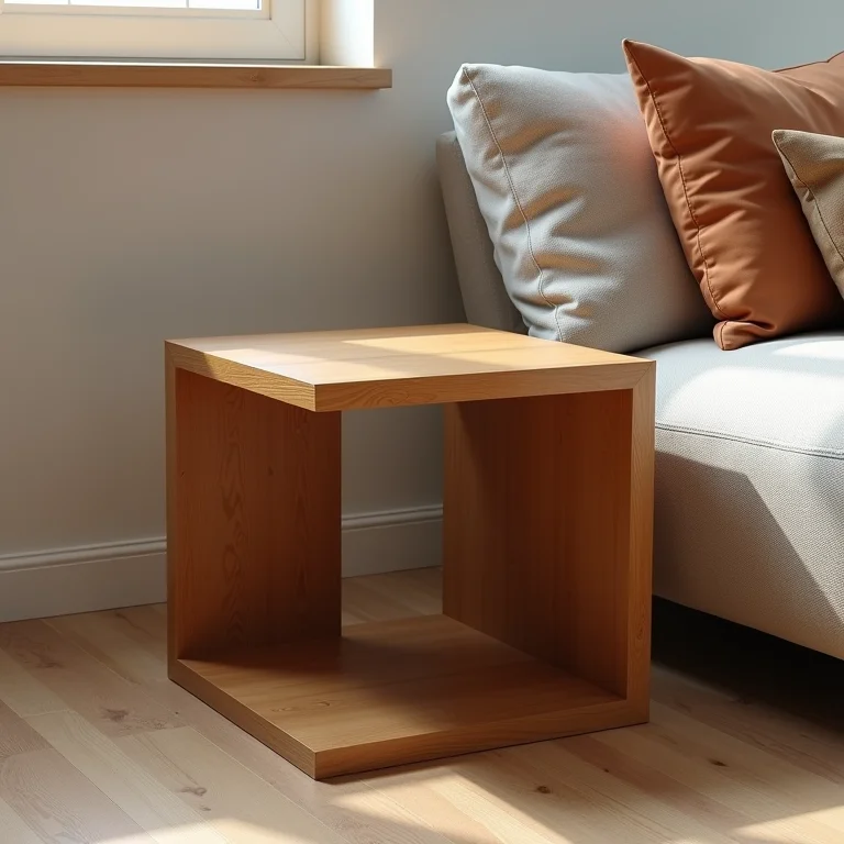 Mesa lateral em C de madeira com acabamento natural