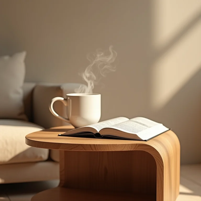 Mesa lateral em C de madeira com livro e café