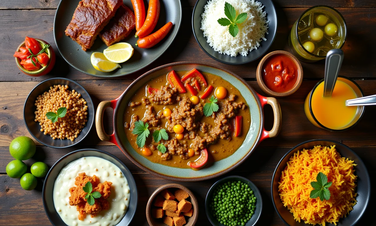 Comida e memórias: Sabores que recordam Mesa rústica com pratos brasileiros coloridos, remetendo à memória afetiva.