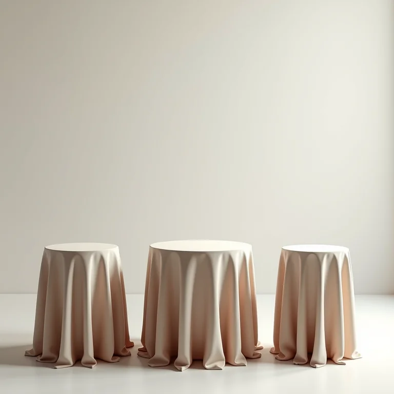 Mesas redonda, quadrada e retangular com toalhas de mesa