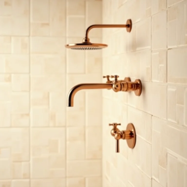 Metais dourados e rose gold em banheiro bege com revestimento 3D.