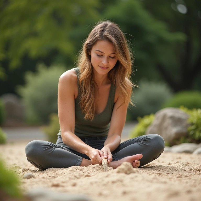 Mindful woman raking zen garden sand, focused expression, natural light, peaceful scene, 8K, Mulher rastelando areia em jardim zen, praticando mindfulness.