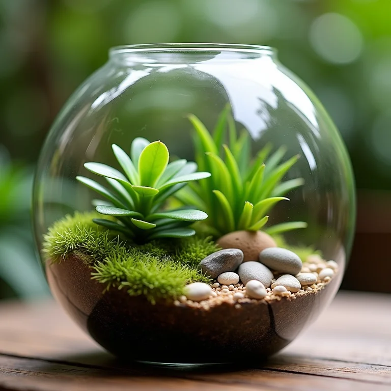 Mini-jardim em terrário de vidro.