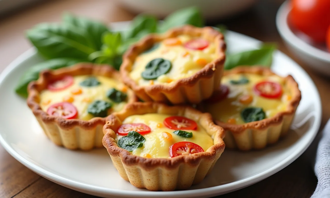 Mini quiches integrais recheadas com legumes e queijo.