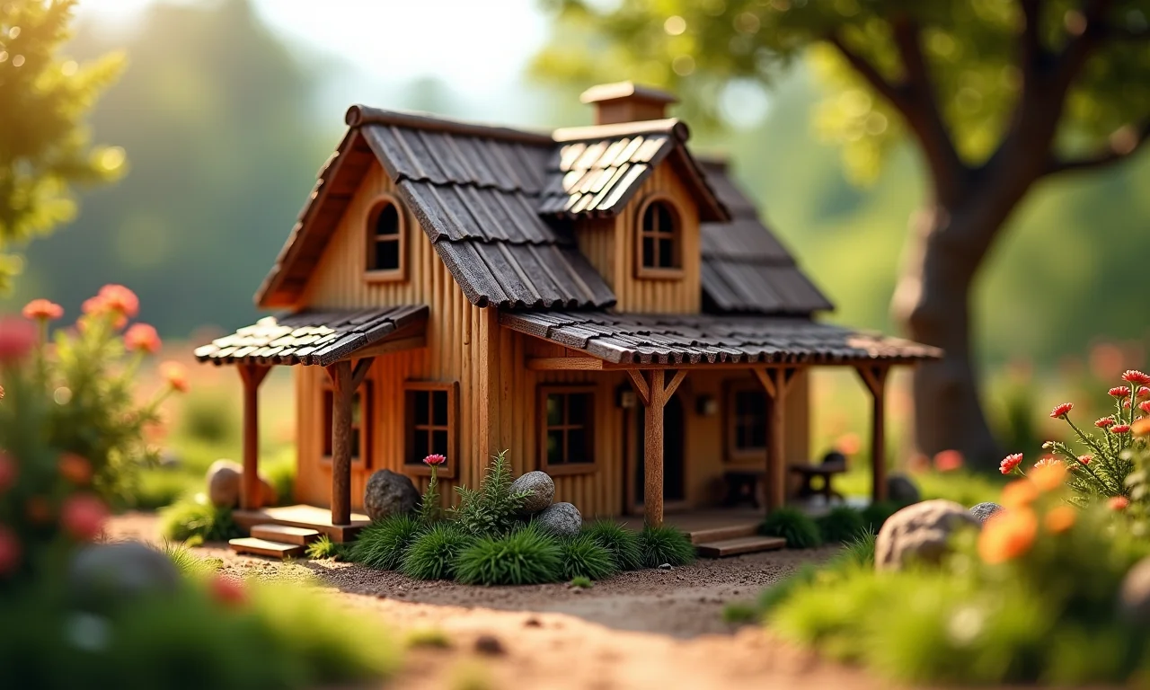 Miniatura de casa rústica feita de palitos de dente.