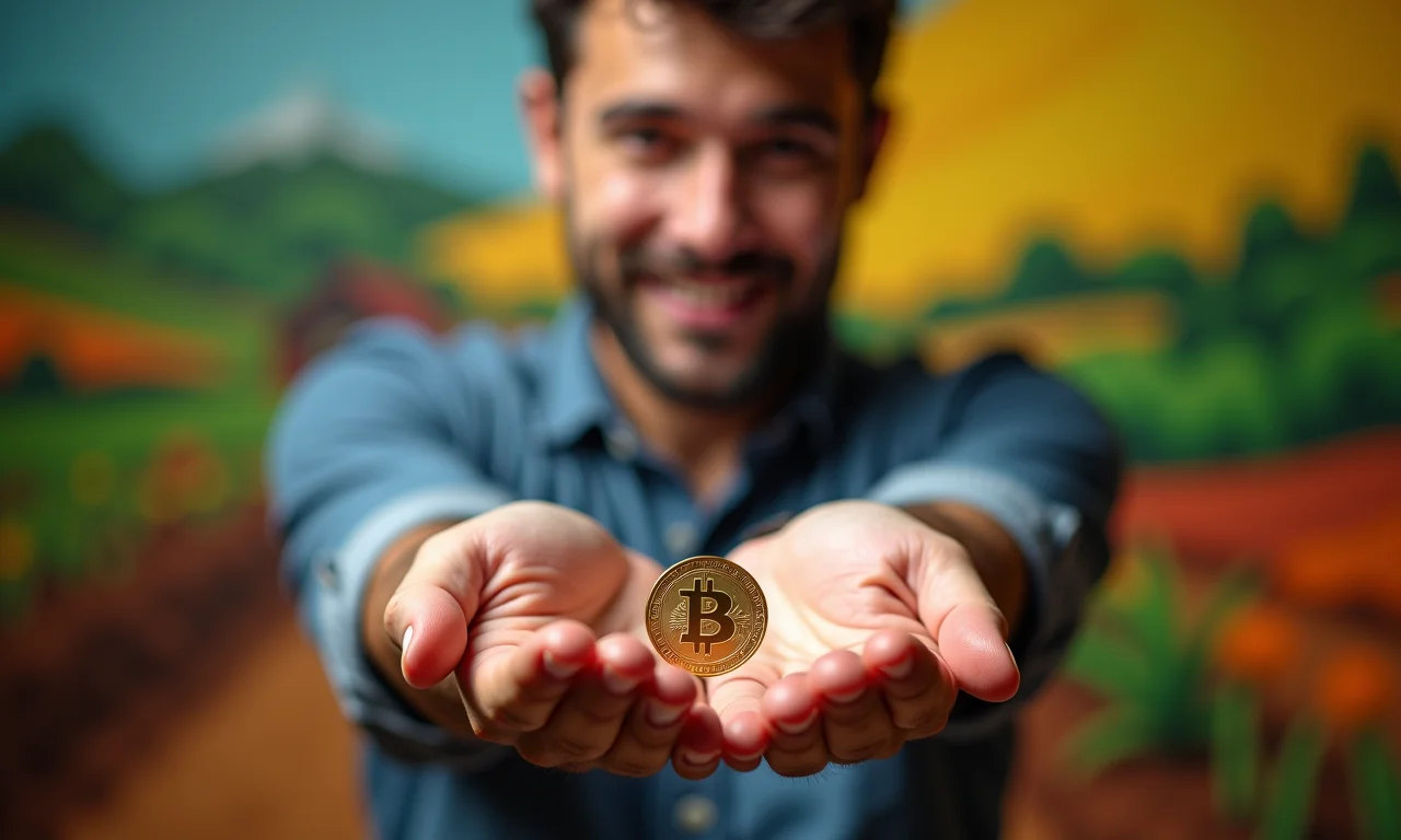 Moeda desaparecendo da mão de um mágico adulto, fundo vibrante.