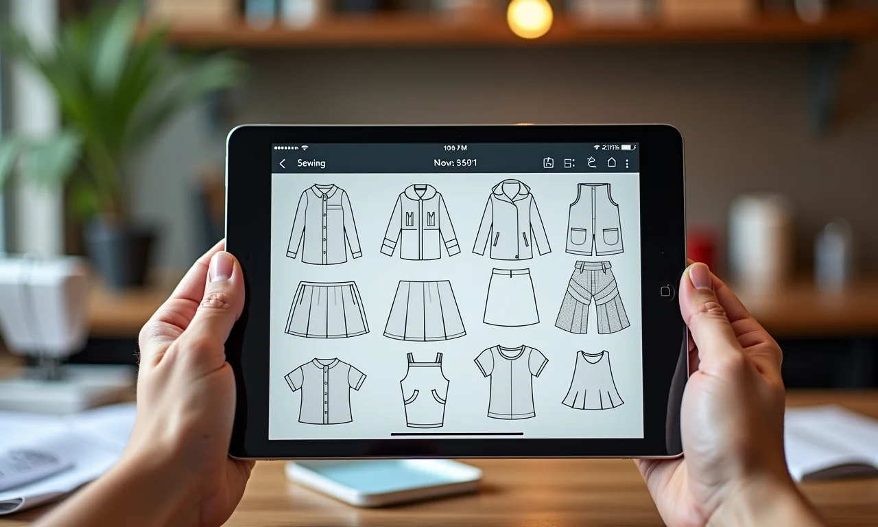 Moldes de costura digitais em um tablet em um ateliê.