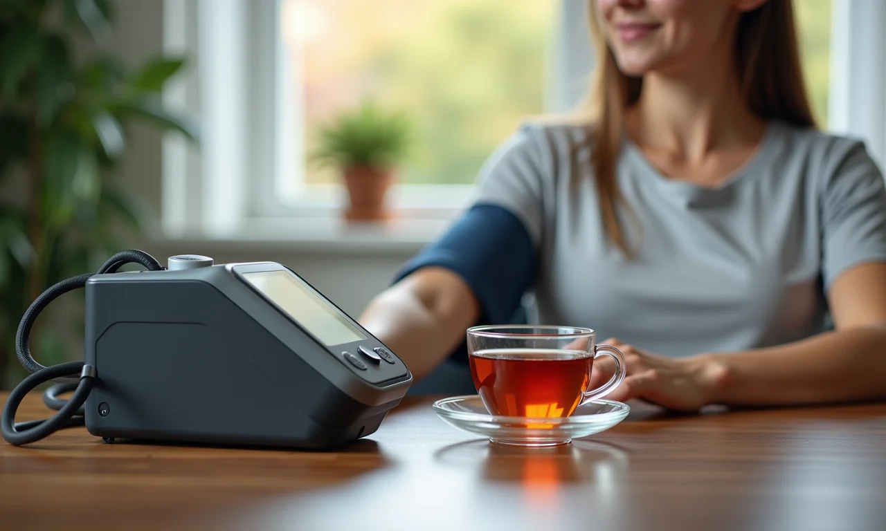 Monitor de pressão arterial com chá de folha de amora ao lado.