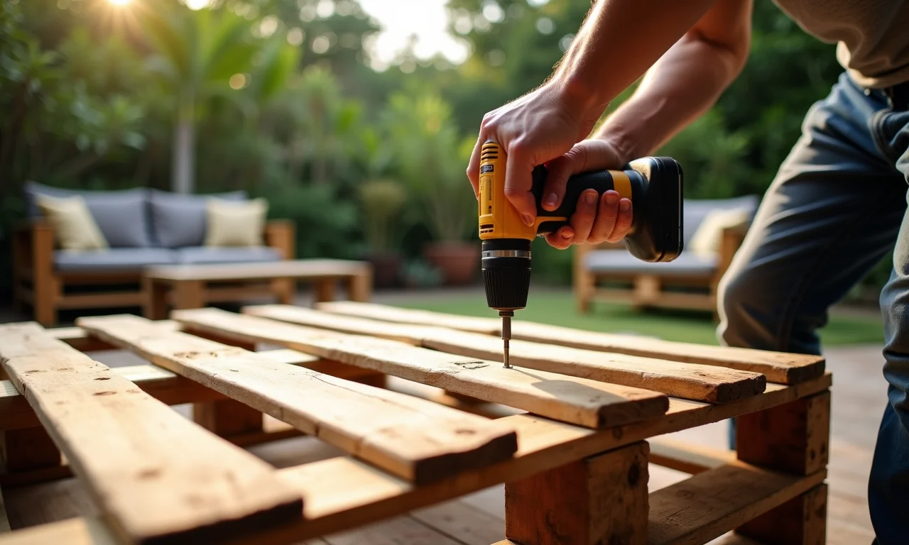 Montando a estrutura do sofá de palete ao ar livre com parafusadeira.
