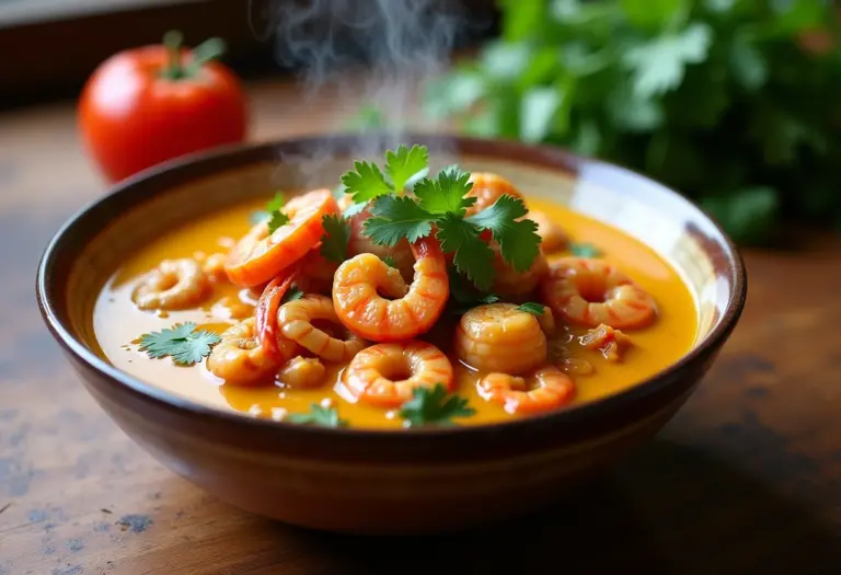 Moqueca Baiana fumegante em uma mesa rústica