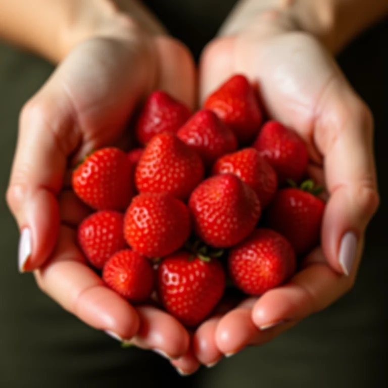 Morangos frescos sendo segurados na mão de uma mulher.