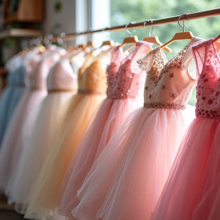 Mostruário de tecidos elegantes para vestidos de festa infantis em ateliê iluminado.