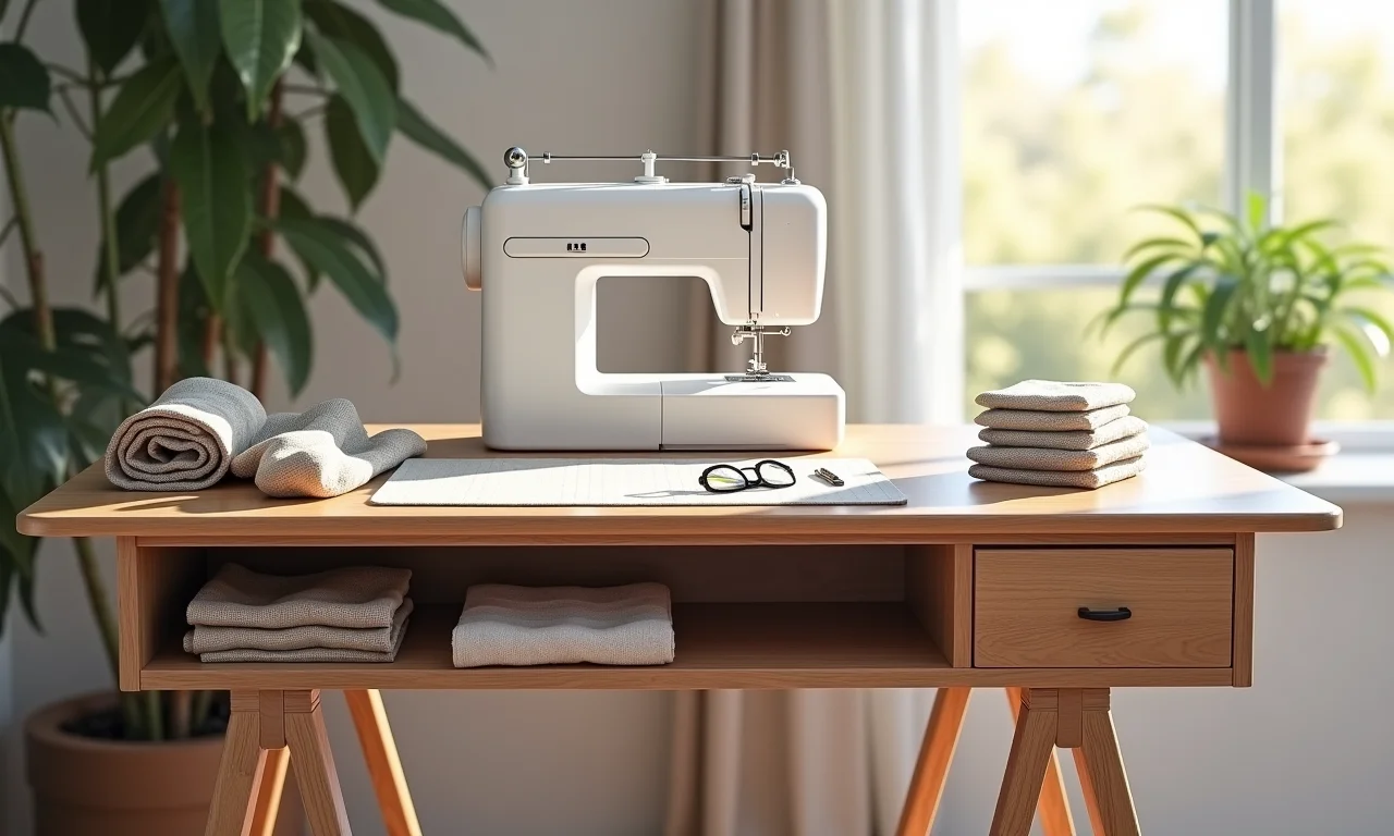 Móvel multifuncional com espaço para máquina de costura e armazenamento de materiais.