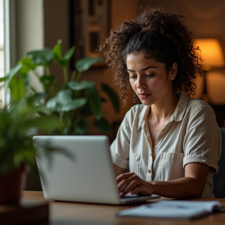 Mulher acessando um site do governo com certificado digital em seu home office.
