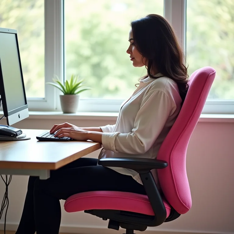 Mulher ajustando encosto de cadeira ergonômica rosa