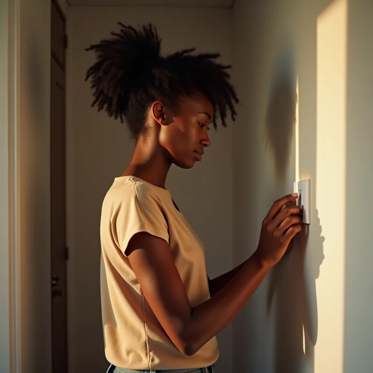 Mulher ajustando interruptor intermediário em casa.