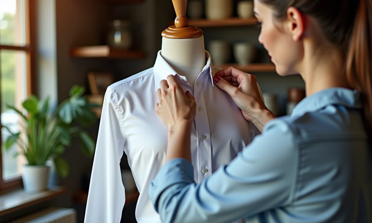 Mulher ajustando ombros de camisa social em um manequim em ateliê.