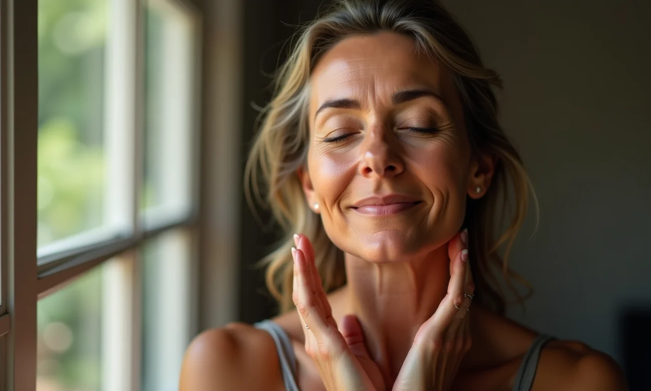 Mulher aliviando a tensão facial com exercícios de ioga.