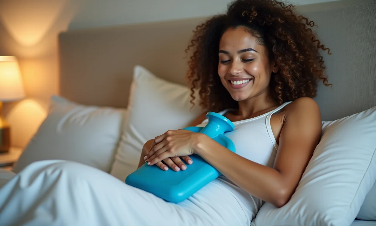 Mulher aliviando cólicas com bolsa de água quente.