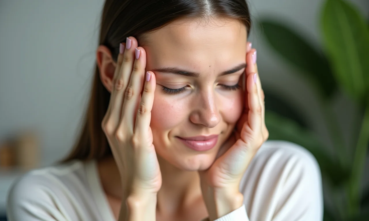 Mulher aliviando dor de cabeça com óleo essencial de hortelã-pimenta.