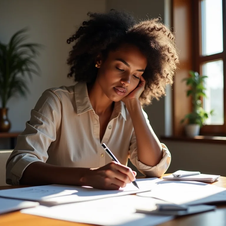 Mulher analisando anotações, aprendendo com os erros