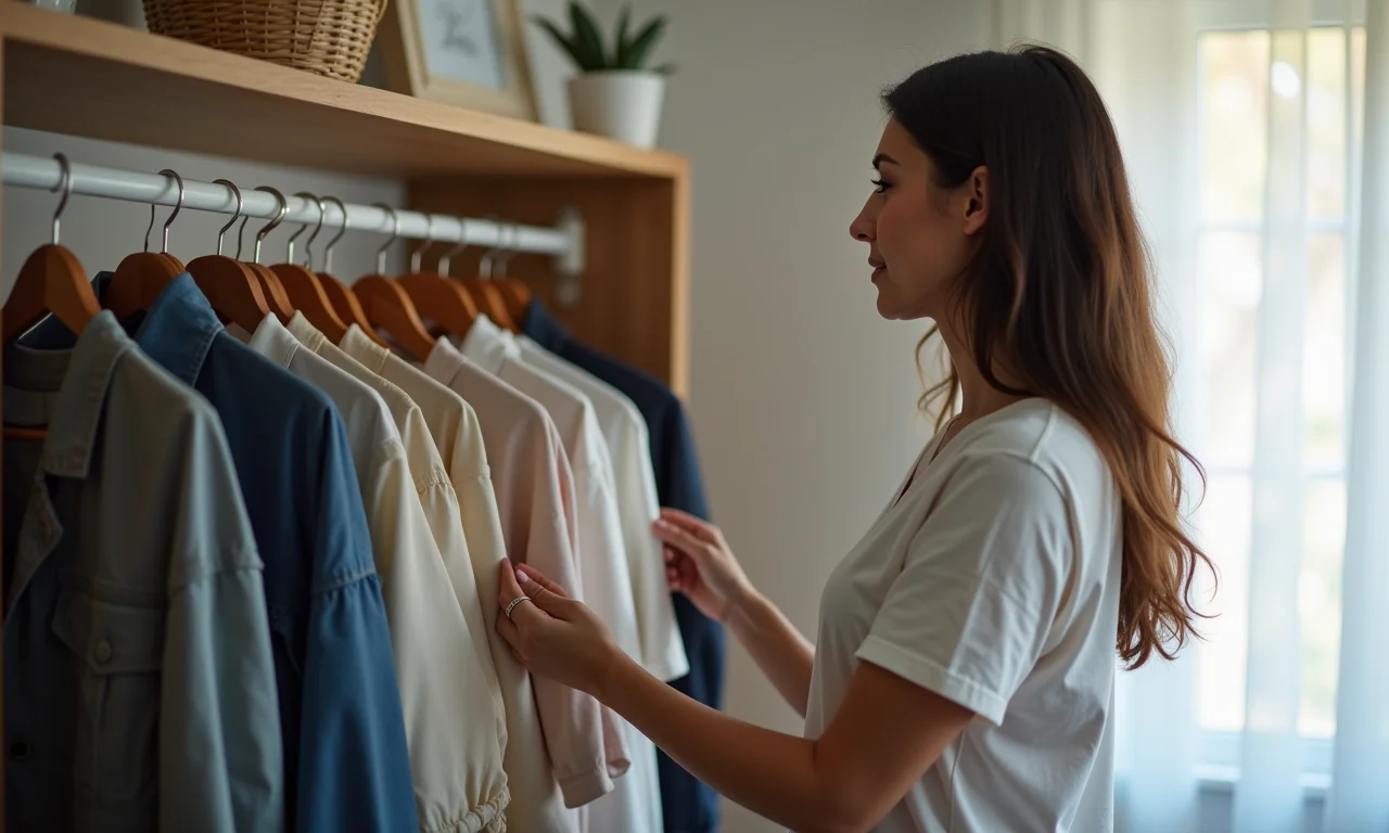 Mulher analisando cuidadosamente seu guarda-roupa.