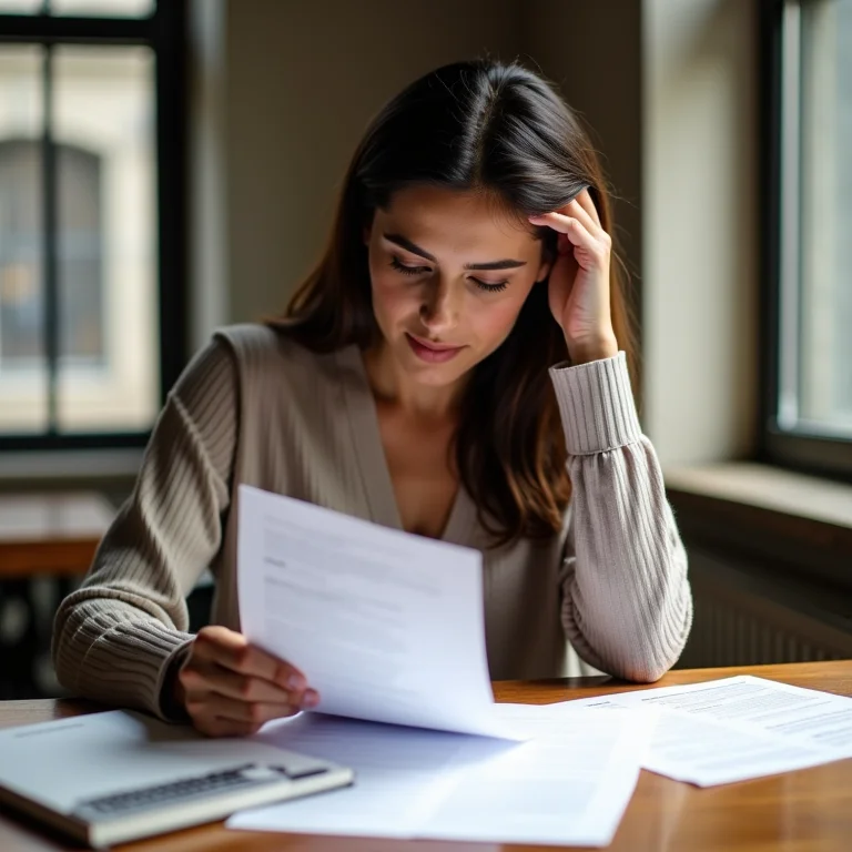 Mulher analisando documentos de compra de imóvel