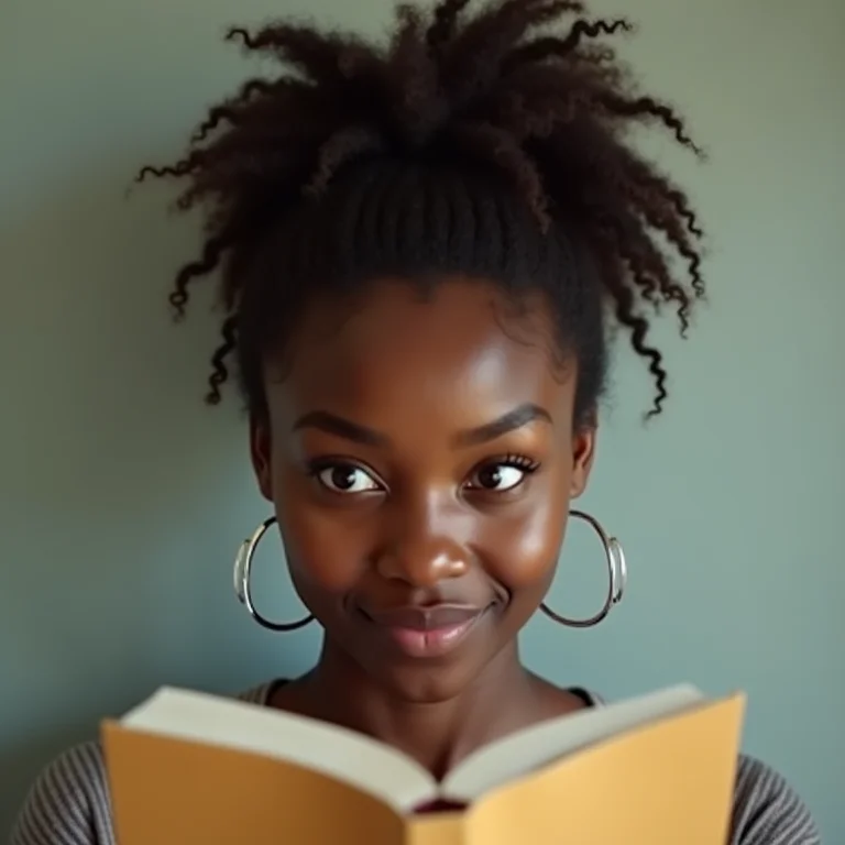 Mulher analisando livro de desenvolvimento pessoal com capa genérica