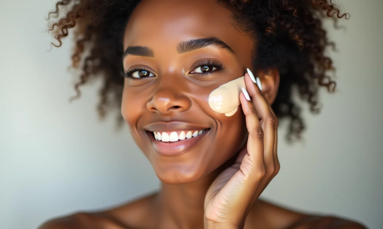 Mulher aplicando base leve ou BB cream com os dedos, mostrando a textura natural da pele.