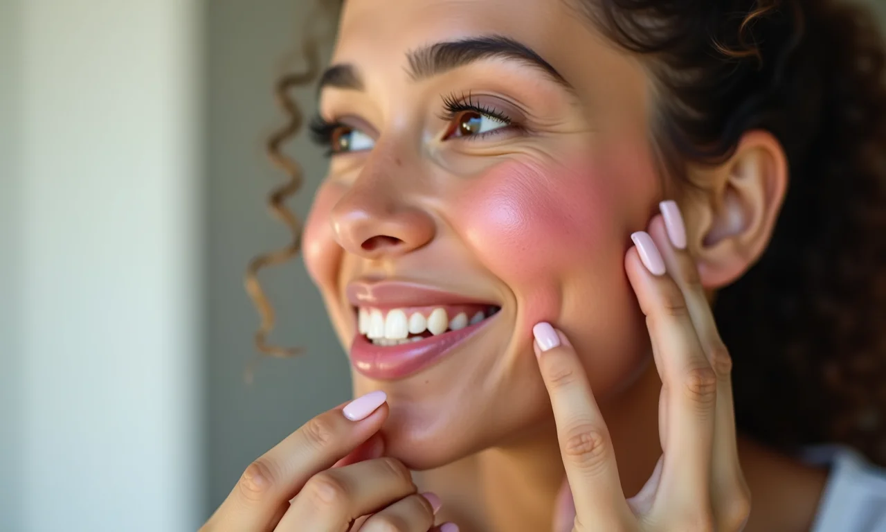 Mulher aplicando blush rosado ou pêssego nas maçãs do rosto, criando um rubor saudável.