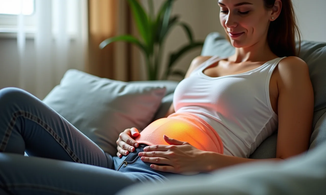 Mulher aplicando compressa quente na região abdominal para aliviar cólicas.