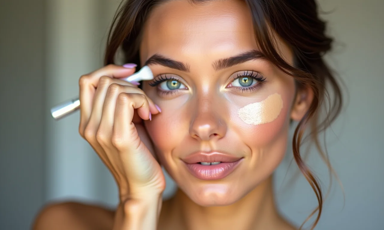 Mulher aplicando corretivo cremoso e claro sob os olhos.