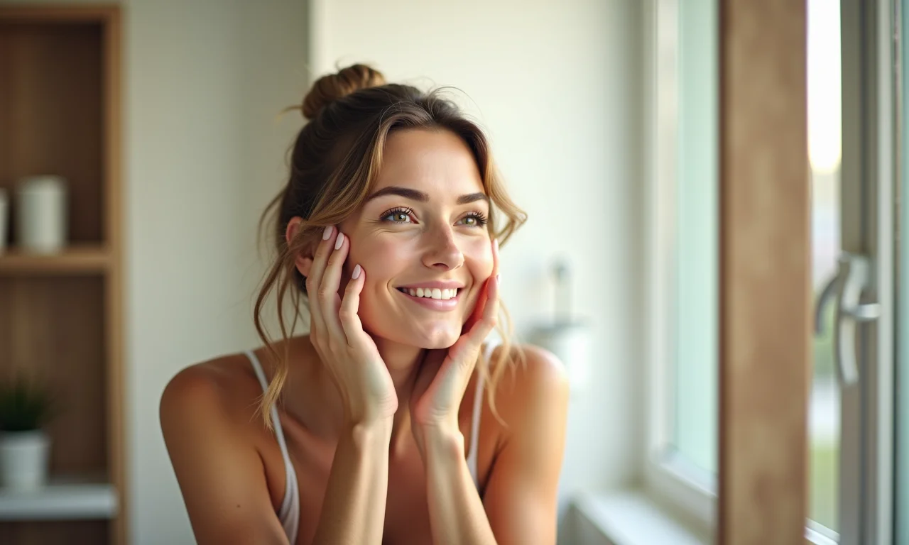 Mulher aplicando cosméticos naturais em um banheiro bem iluminado.