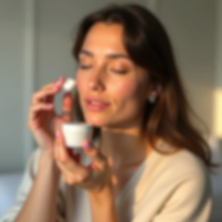 Mulher aplicando creme de colágeno antes de dormir