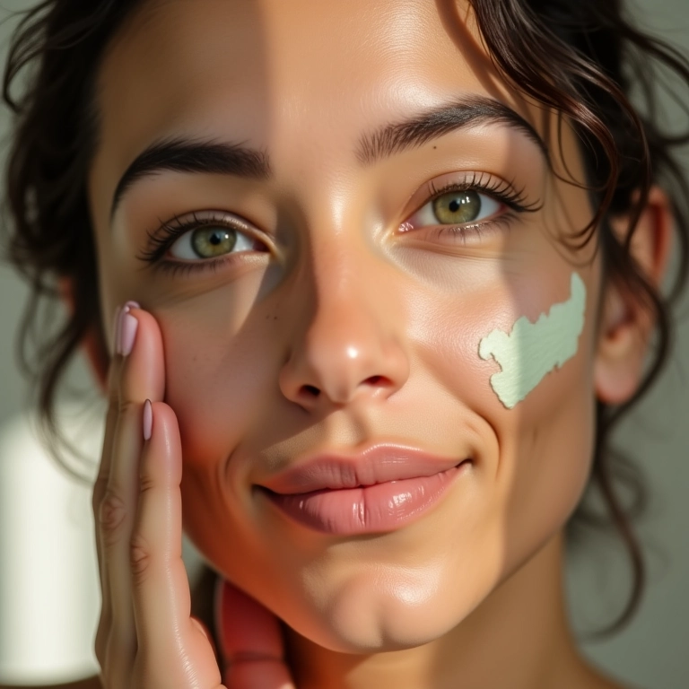 Mulher aplicando creme facial com infusão de chá verde, close-up.
