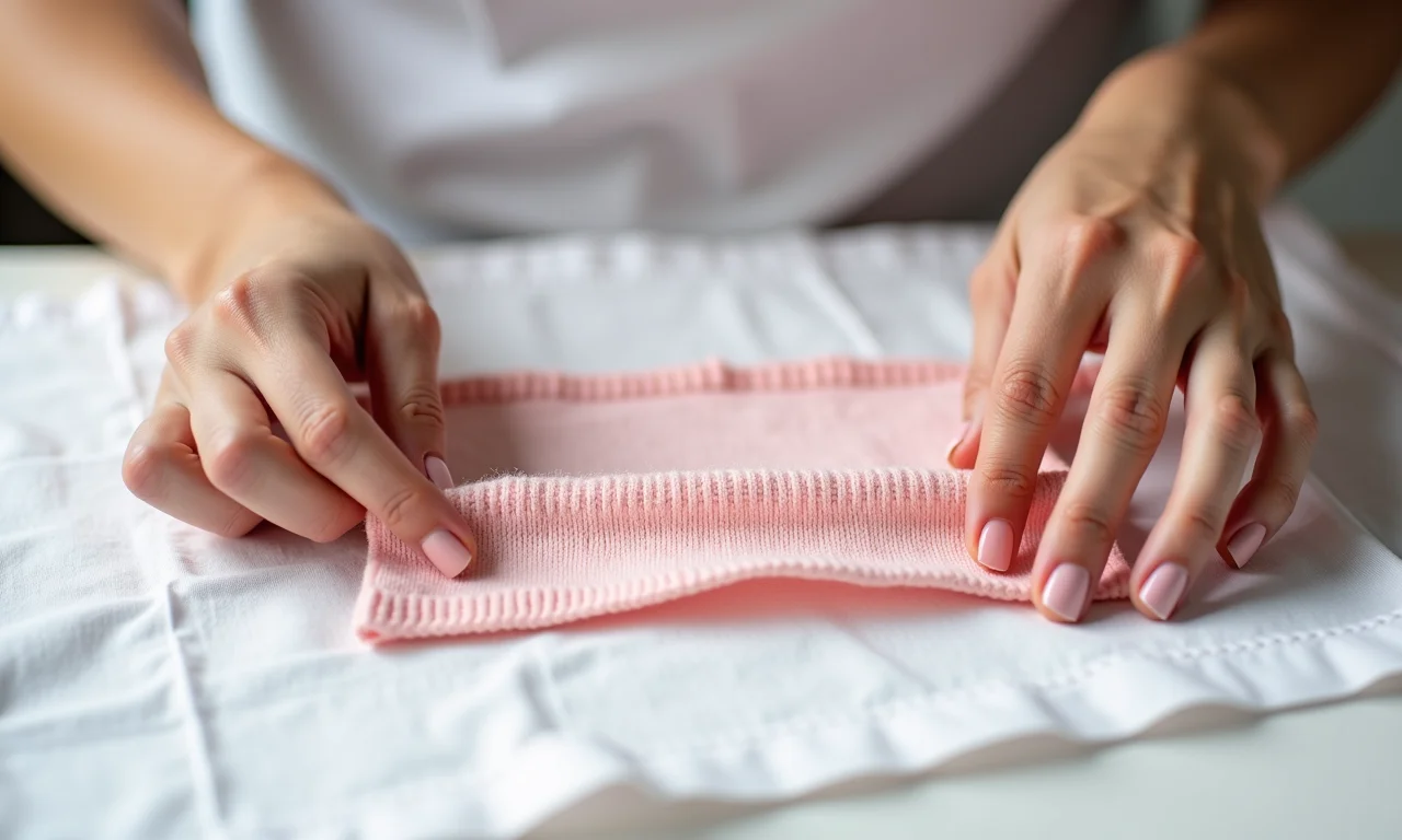 Mulher aplicando entretela de malha em tecido leve e elástico.